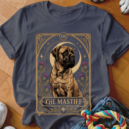 Charcoal t-shirt featuring a tarot-style illustration of a mastiff surrounded by flowers and the text The Mastiff.