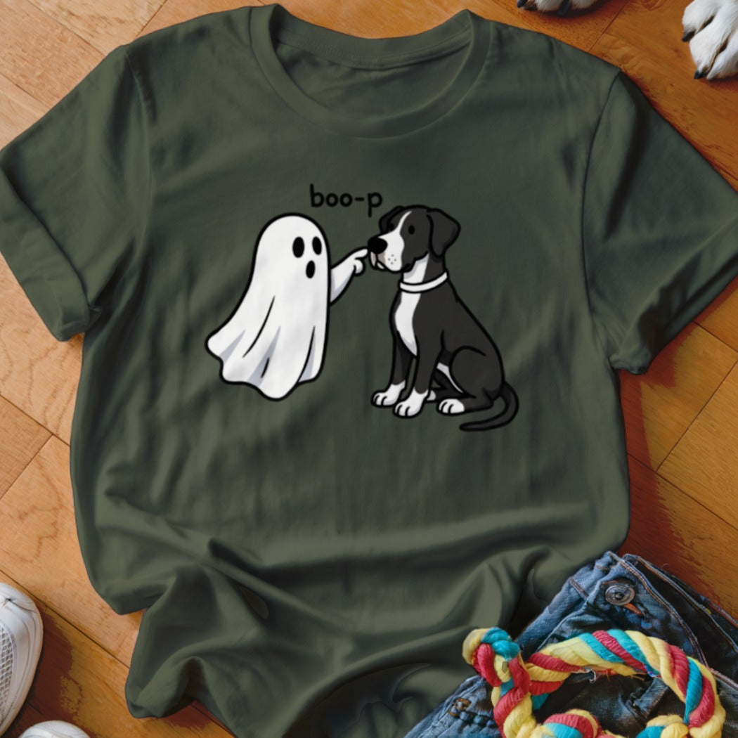 Ghost touching nose of black and white dog with text "boo-p".