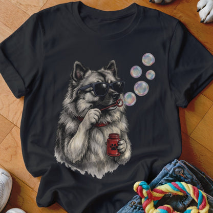 Black t-shirt featuring a graphic of a fluffy dog wearing sunglasses and blowing soap bubbles.