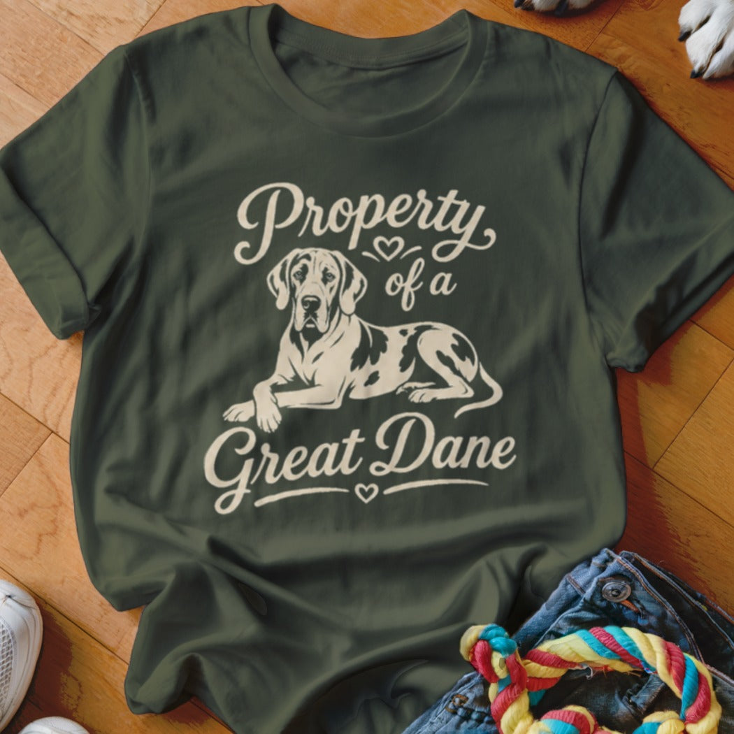 Green t-shirt with Great Dane illustration and "Property of a Great Dane" text.