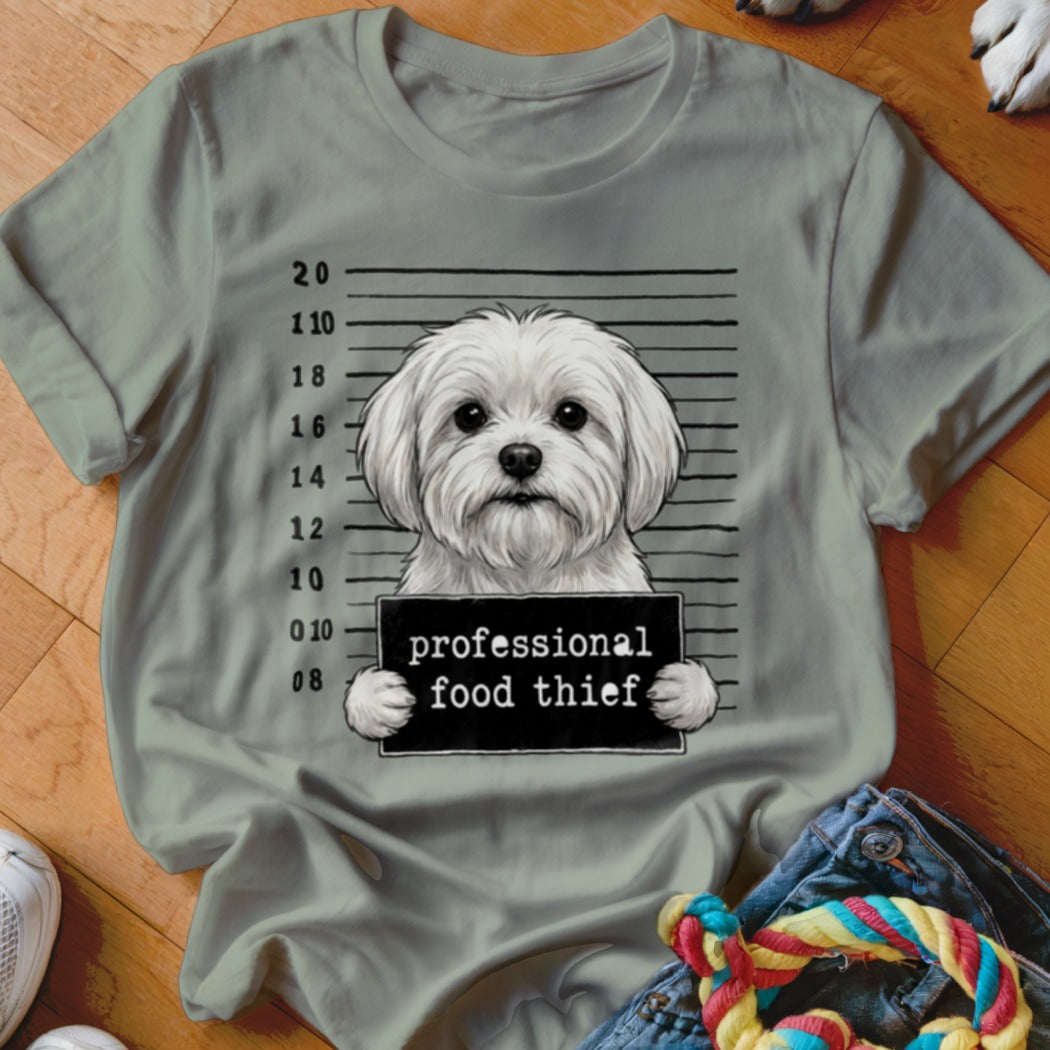 Maltese dog in mugshot with sign saying "professional food thief"