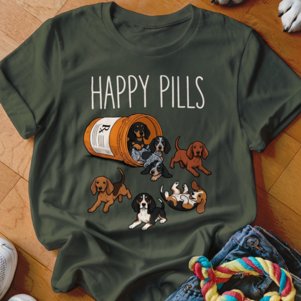 Dark green t-shirt with "HAPPY PILLS" and several cute puppies spilling out of a pill bottle.