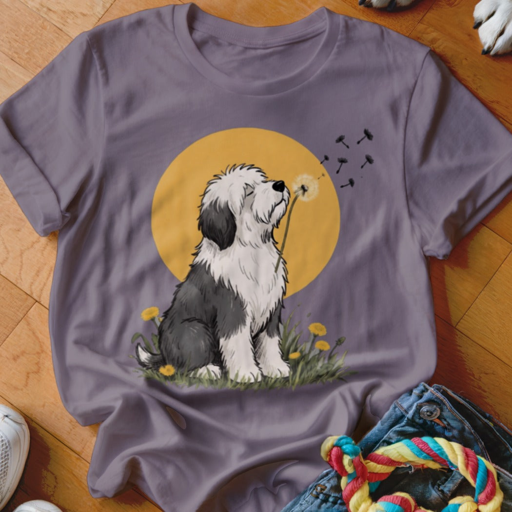 A grey t-shirt featuring an illustration of a shaggy dog blowing a dandelion against a yellow circle.