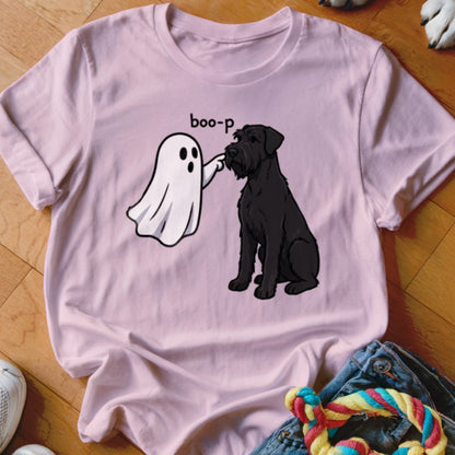 Pink t-shirt with a cartoon ghost touching a black dog's nose, text "boo-p".