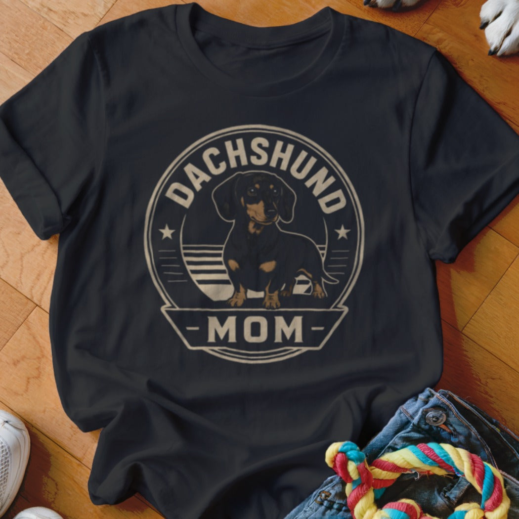 Black t-shirt with Dachshund Mom graphic and silhouette of a dachshund.