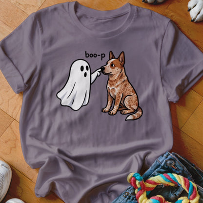 Ghost poking a red heeler dog with "boo-p" text on a purple t-shirt.