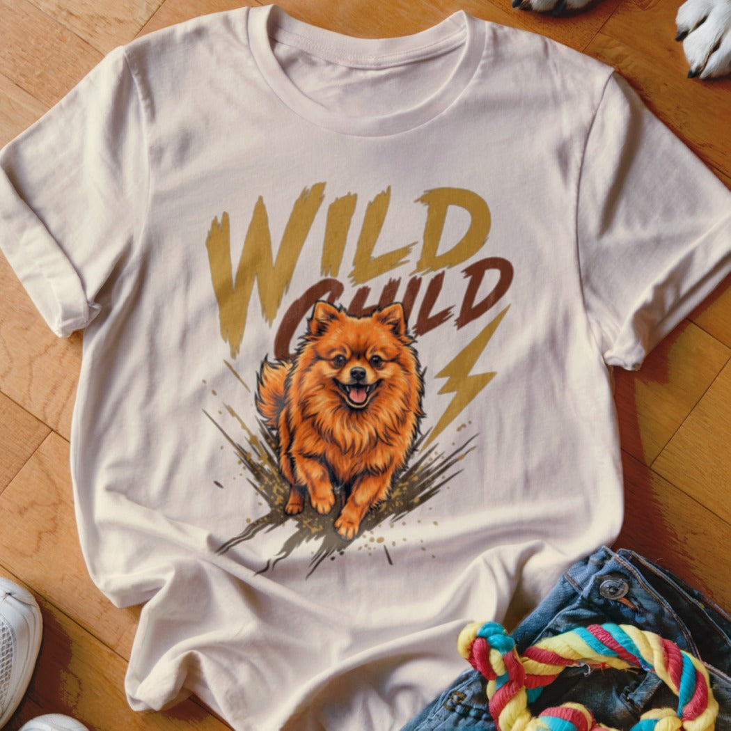 Off-white crewneck t-shirt featuring a graphic of a Pomeranian dog and the text Wild Child.
