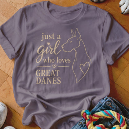 Purple t-shirt with "just a girl who loves GREAT DANES" and dog outline.
