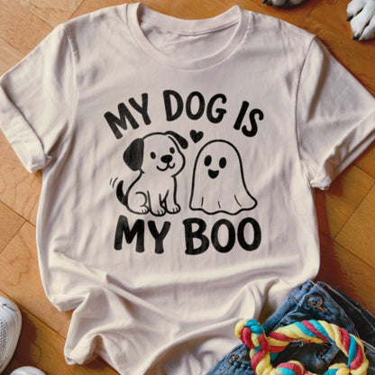 White t-shirt with "My Dog is My Boo" text, a dog, and a ghost graphic.