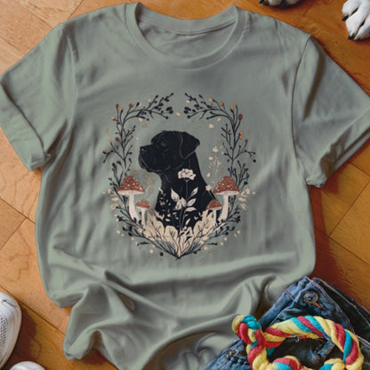 Sage green crewneck t-shirt featuring a graphic of a black dog surrounded by mushrooms and foliage.