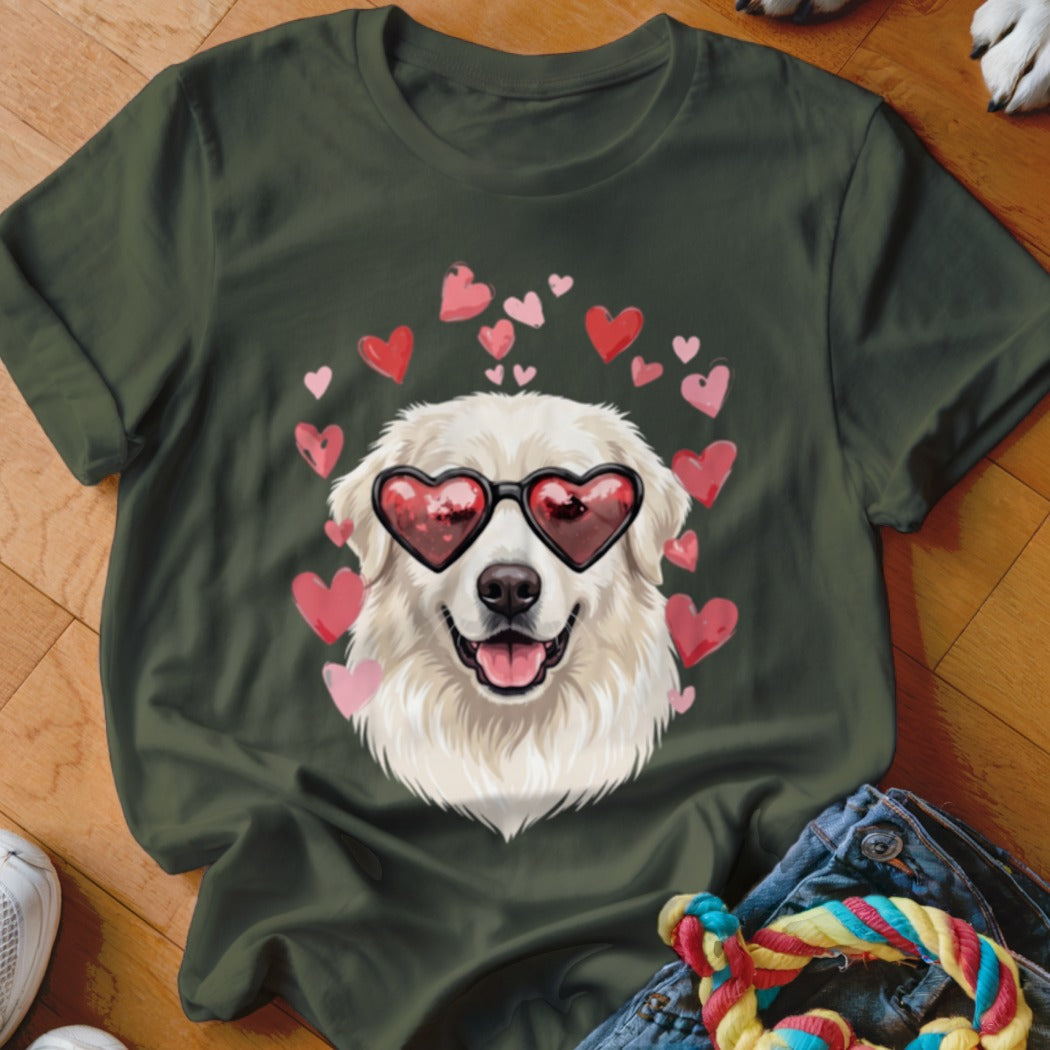 Dark green t-shirt featuring a graphic of a white dog wearing heart-shaped sunglasses surrounded by pink and red hearts.