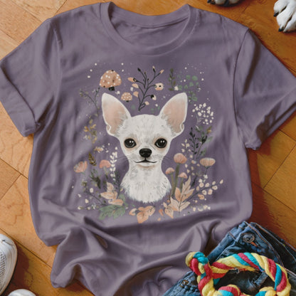 White chihuahua portrait surrounded by a floral and mushroom border on a purple t-shirt.