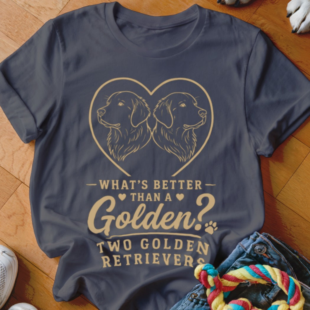 Dark t-shirt with golden heart outline, two golden retrievers, and text: "What's better than a Golden? Two Golden Retrievers."