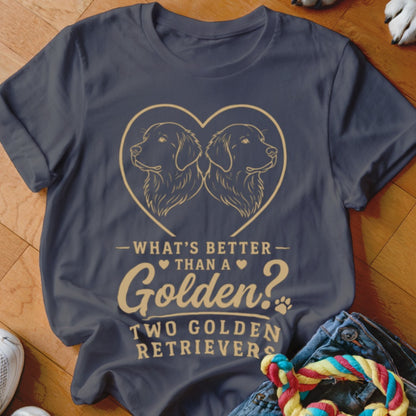 Dark t-shirt with golden heart outline, two golden retrievers, and text: "What's better than a Golden? Two Golden Retrievers."