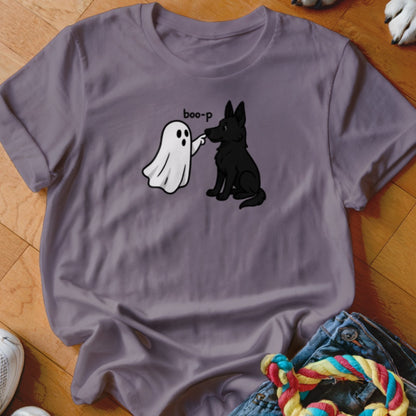 Ghost booping black dog's nose with "boo-p" text on gray t-shirt.
