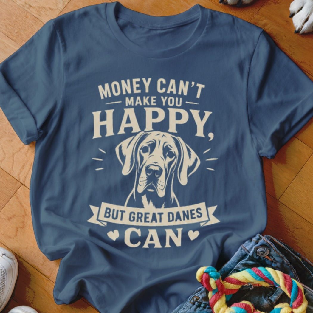 Blue t-shirt with Great Dane graphic and text: "Money can't make you happy, but Great Danes can."