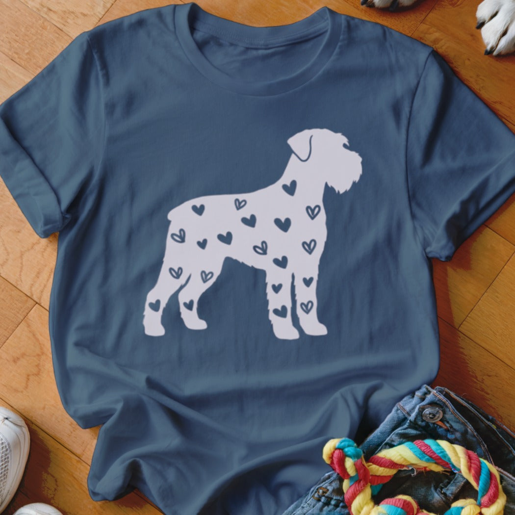 Navy t-shirt with a white silhouette of a dog filled with dark blue hearts.
