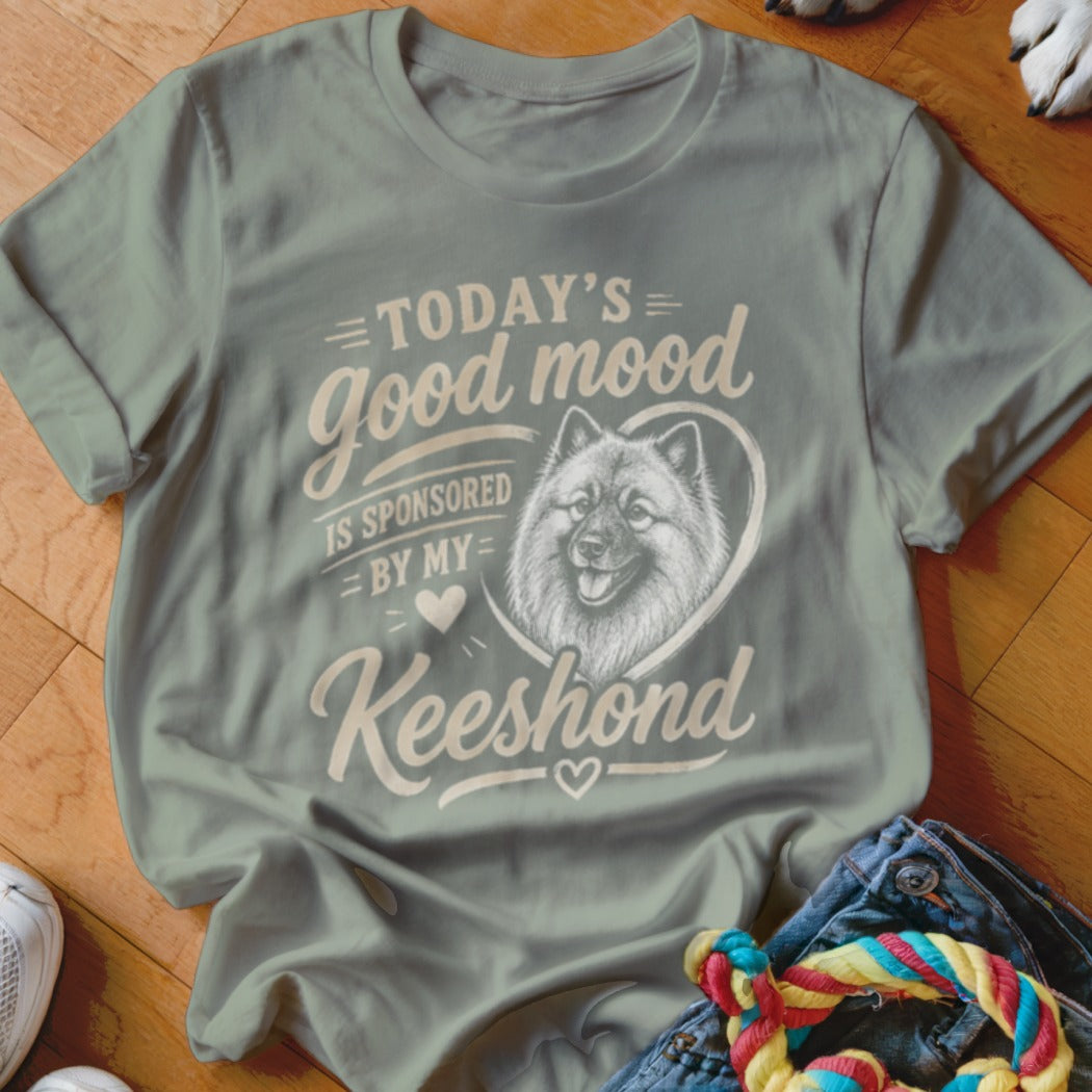 T-shirt with "Today's good mood is sponsored by my Keeshond" text and dog illustration.