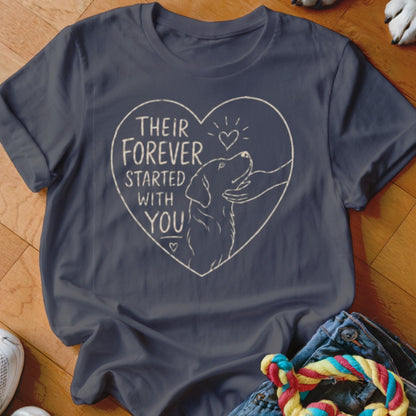 Dark blue t-shirt with a heart graphic of a dog and text "Their Forever Started With You."