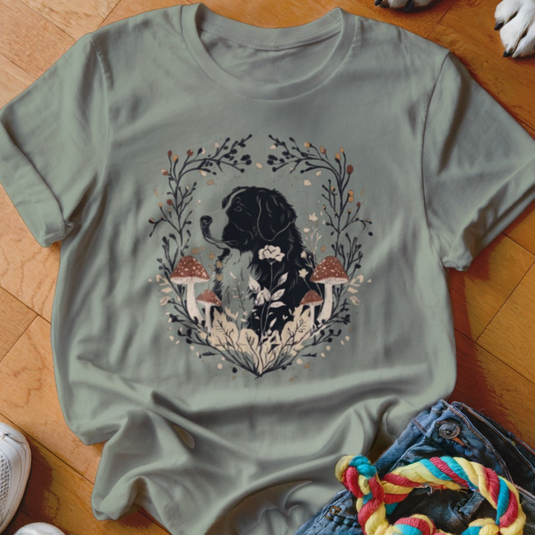 Sage green crewneck t-shirt featuring a black dog graphic surrounded by mushrooms and leaves.