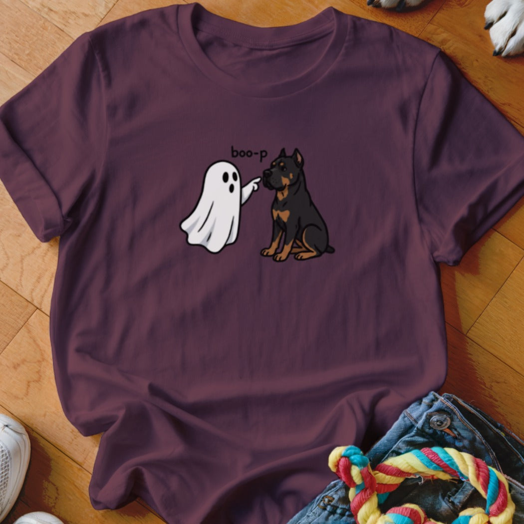 Ghost with text "boo-p" points at a sitting Rottweiler dog on a maroon t-shirt.