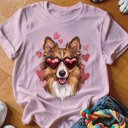 Pink t-shirt featuring an illustration of a brown and white dog wearing heart-shaped sunglasses surrounded by floating pink hearts.
