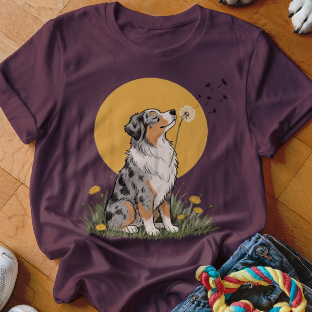 A maroon t-shirt featuring an illustration of an Australian Shepherd blowing dandelion seeds in front of a yellow sun.