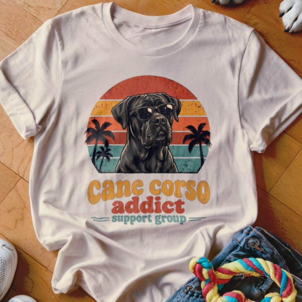 Off-white t-shirt with a retro sunset graphic featuring a Cane Corso wearing sunglasses and palm trees.