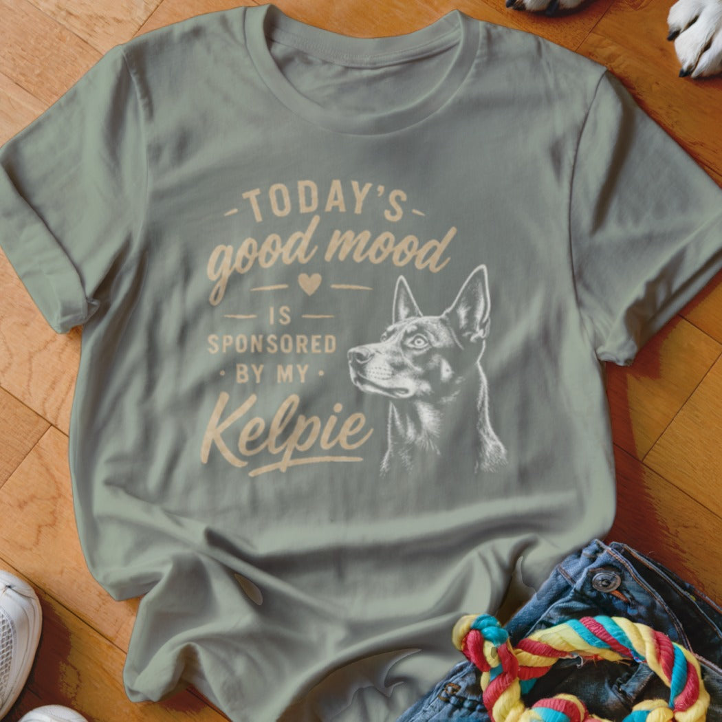 Light gray t-shirt with text "Today's good mood is sponsored by my Kelpie" and a dog portrait.