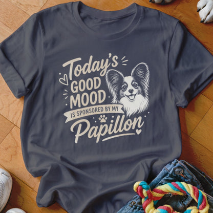 Dark t-shirt with text "Today's Good Mood Is Sponsored By My Papillon" and a drawing of a Papillon dog.