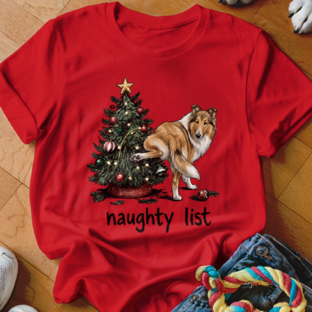 Collie dog near Christmas tree with text "naughty list".