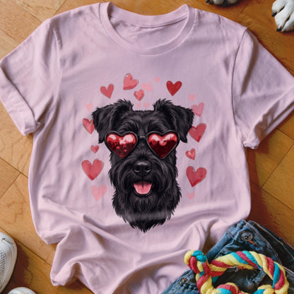 Pink t-shirt featuring a black schnauzer wearing heart-shaped sunglasses surrounded by floating pink hearts.