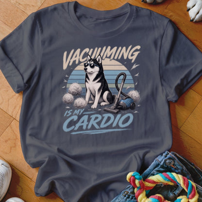 T-shirt with a husky wearing sunglasses, vacuum, and balls of fur. Text reads "VACUUMING IS MY CARDIO."