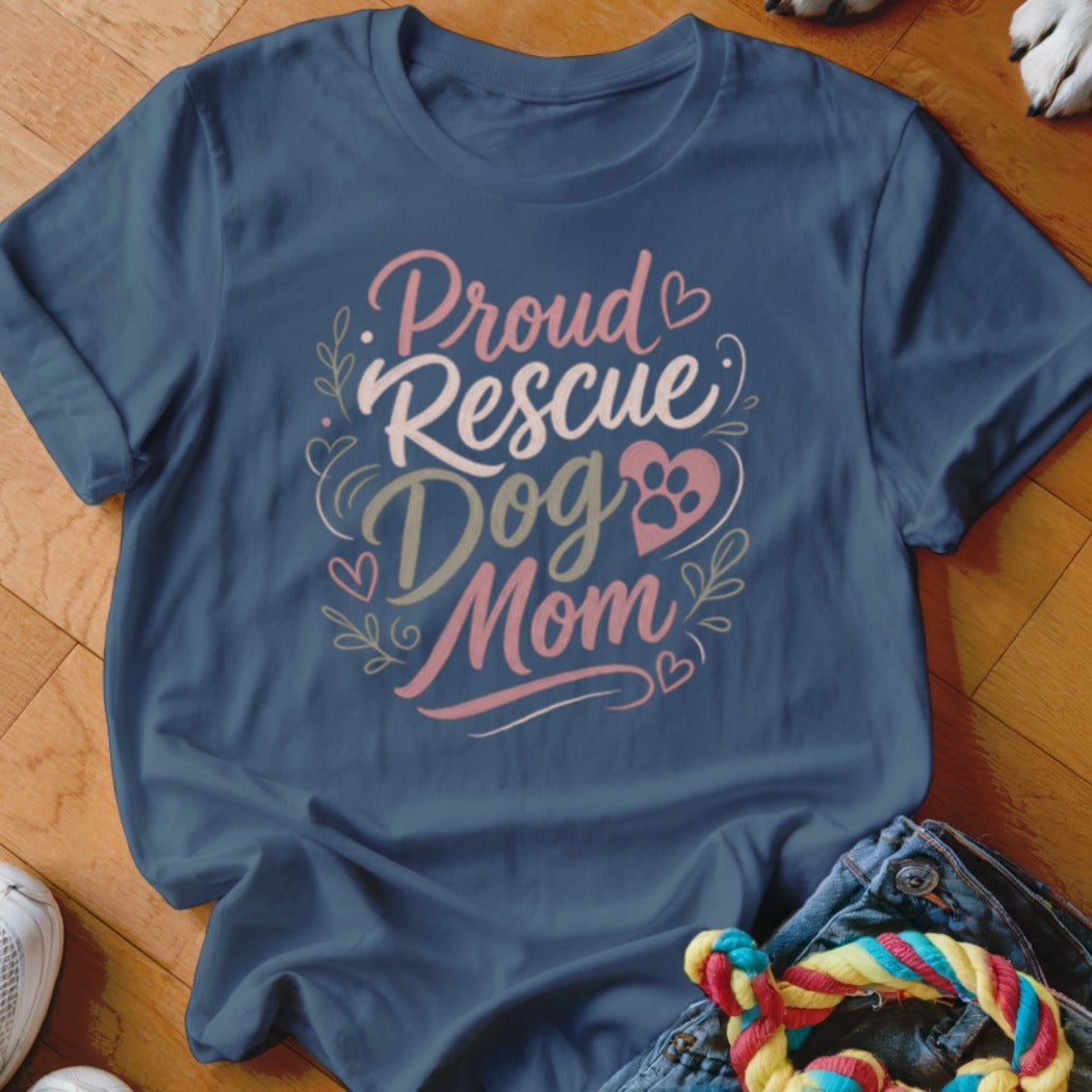 Navy t-shirt with "Proud Rescue Dog Mom" text and paw print graphic.