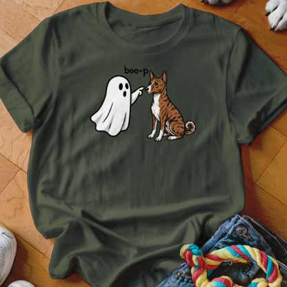 Cartoon ghost poking a sitting dog with text "boo-p".