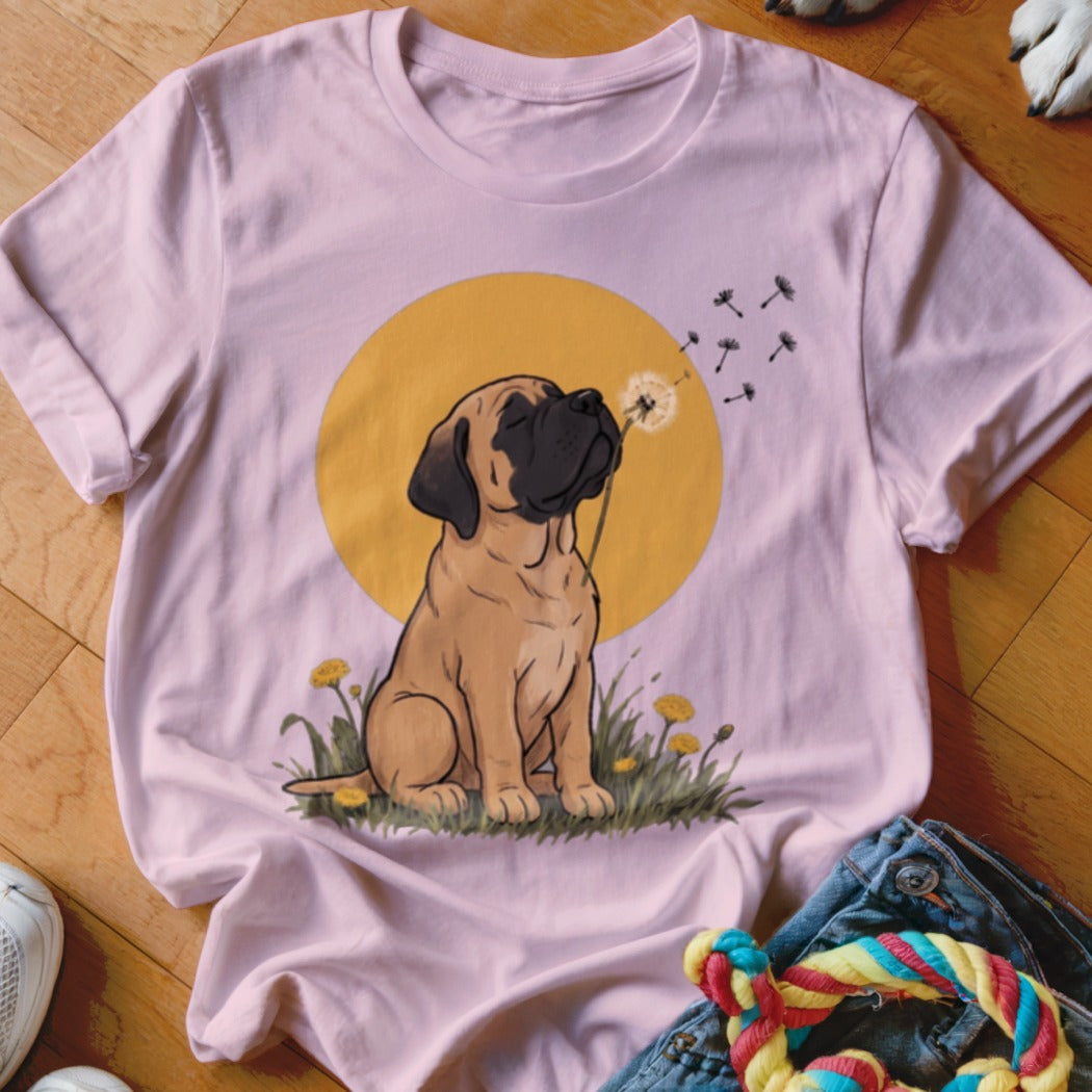 Light pink crewneck t-shirt featuring an illustration of a mastiff puppy blowing a dandelion against a yellow circle.