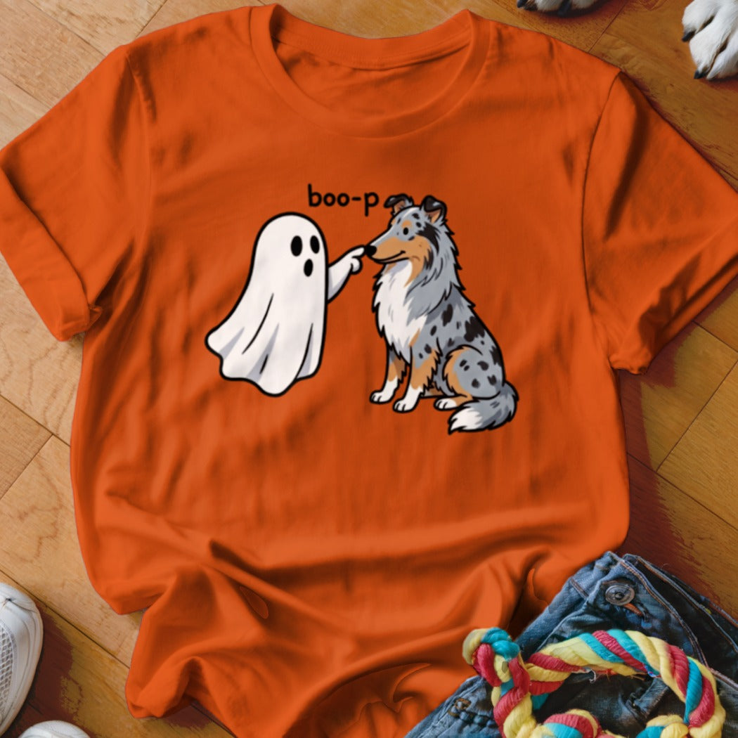 Ghost booping a blue merle dog's nose with "boo-p" text.