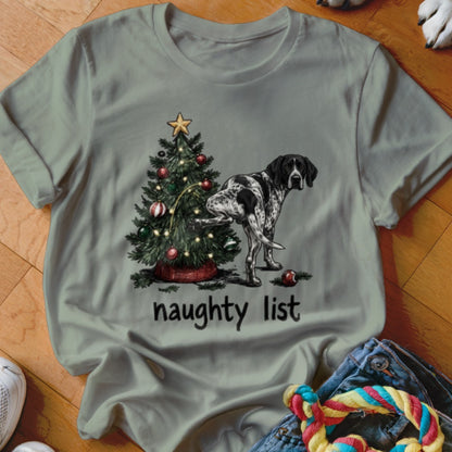 Pointer dog next to a Christmas tree with "naughty list" text.