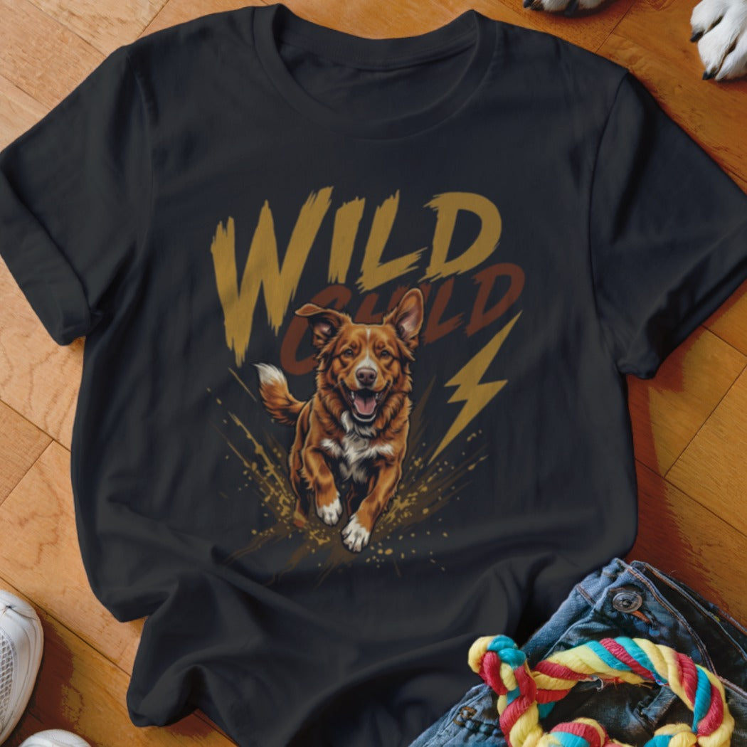 Black t-shirt featuring a graphic of a running brown dog and the text Wild Child.