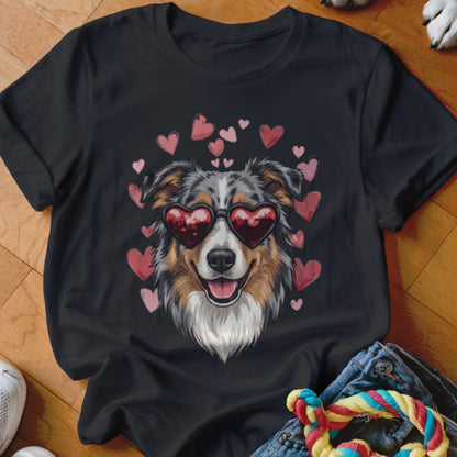 Black t-shirt featuring a graphic of an Australian Shepherd wearing heart-shaped sunglasses, surrounded by pink hearts.