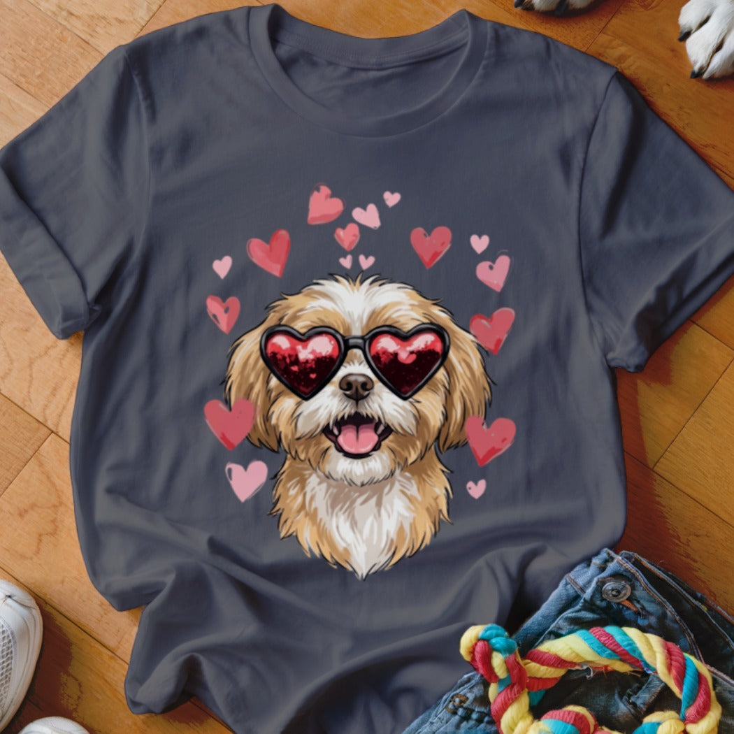Dark gray t-shirt featuring a fluffy dog wearing heart-shaped sunglasses surrounded by floating pink hearts.
