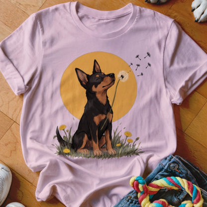 Light pink crewneck t-shirt featuring a graphic of a black and tan dog blowing a dandelion.