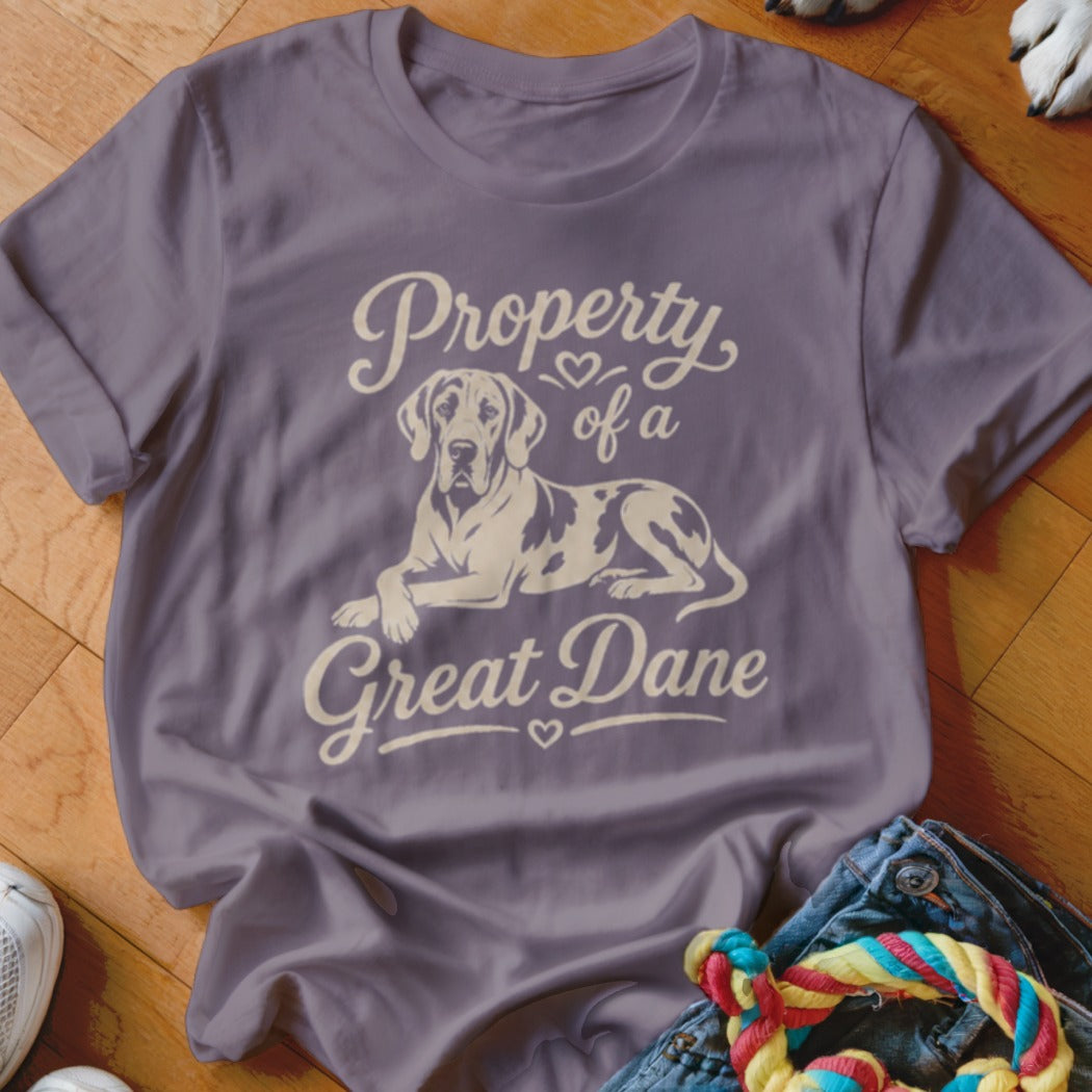 Purple t-shirt with "Property of a Great Dane" text and a Great Dane illustration.