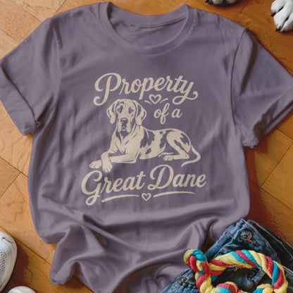 Purple t-shirt with "Property of a Great Dane" text and a Great Dane illustration.