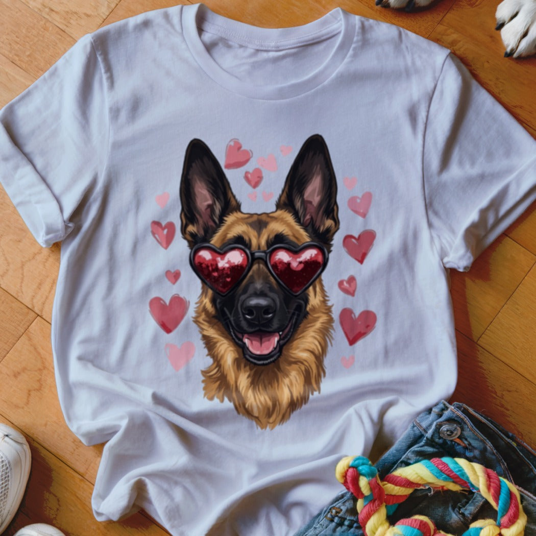 A white crewneck t-shirt featuring a graphic of a German Shepherd wearing heart-shaped sunglasses surrounded by pink hearts.