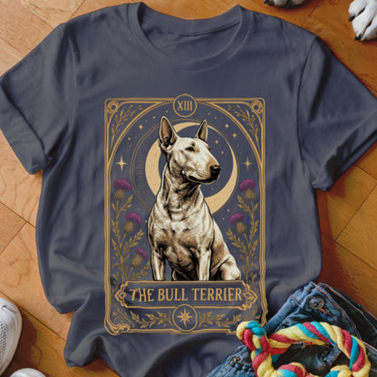 A dark gray t-shirt featuring a tarot card graphic of a seated white bull terrier.