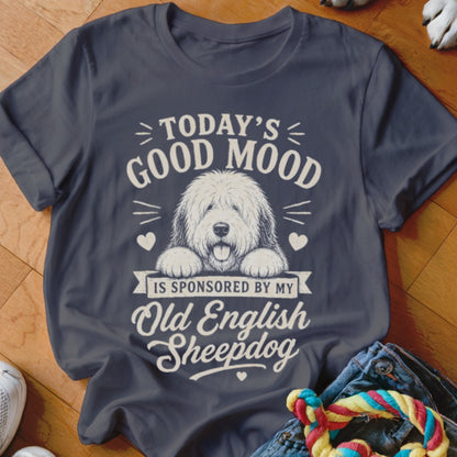 Dark blue t-shirt with "Today's Good Mood is Sponsored by My Old English Sheepdog" and a dog illustration.