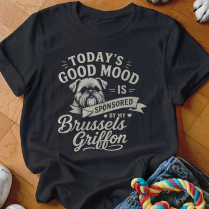 Black t-shirt with "Today's Good Mood is Sponsored By My Brussels Griffon" text and dog illustration.