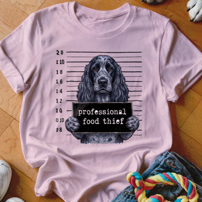 T-shirt with a dog mugshot featuring the text "professional food thief."