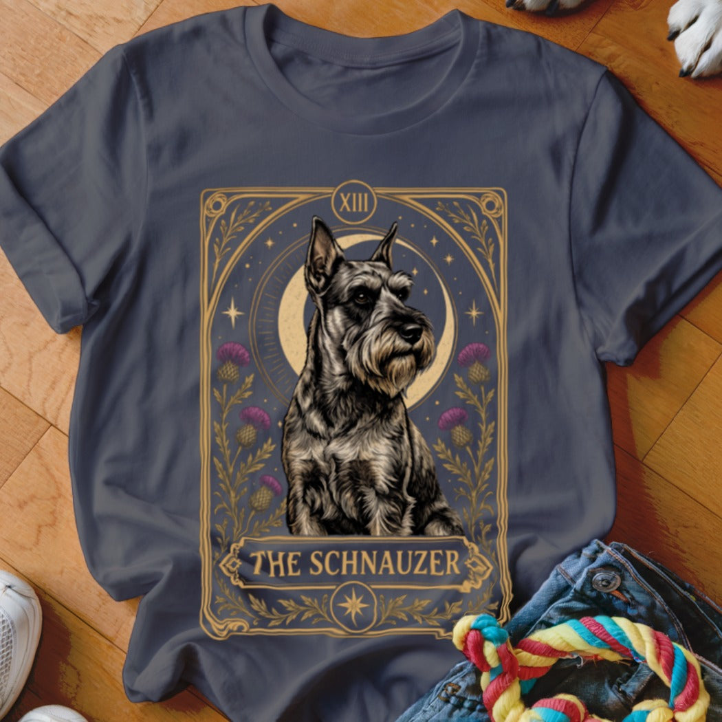Dark gray t-shirt featuring a tarot card style graphic of a Schnauzer with text reading The Schnauzer.